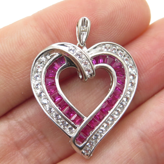 925 Sterling Silver Real Diamond White Topaz & Lab-Created Ruby Heart Pendant