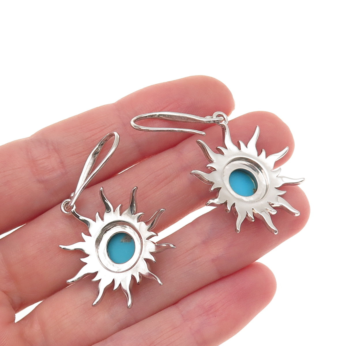 925 Sterling Silver 2-Tone Real Sleeping Beauty Turquoise Sun Dangle Earrings