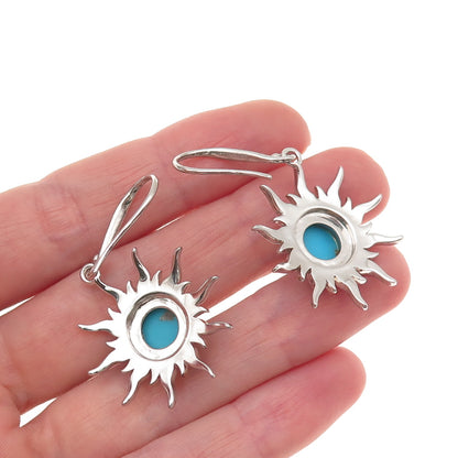 925 Sterling Silver 2-Tone Real Sleeping Beauty Turquoise Sun Dangle Earrings