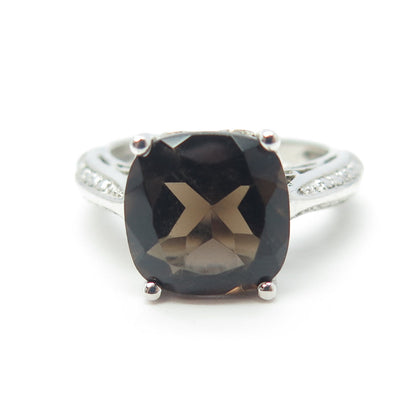 925 Sterling Silver Real Cushion-Cut Smoky Quartz Ring Size 6