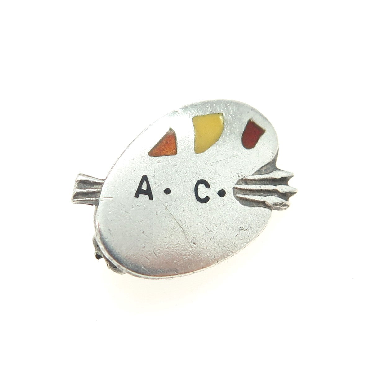 METAL ARTS CO. 925 Sterling Silver Vintage Enamel "AC" Artist's Palette Brooch