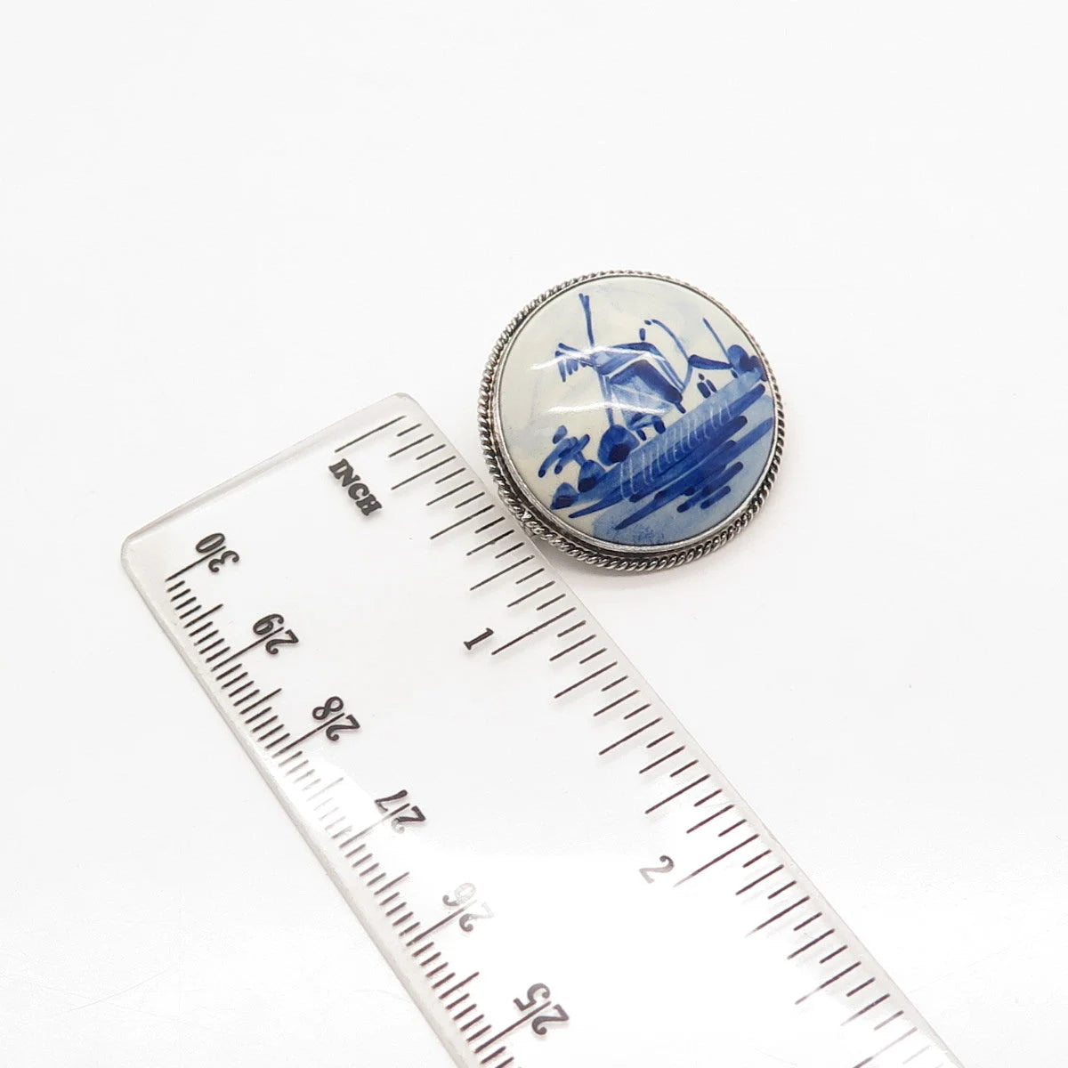 835 Silver Antique Delft Ceramic Old Windmill Round Pin Brooch