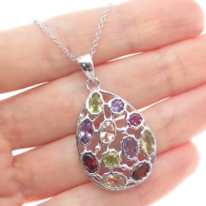 DSMK Sterling Silver Garnet Amethyst Citrine & Peridot Teardrop Necklace 16-18"