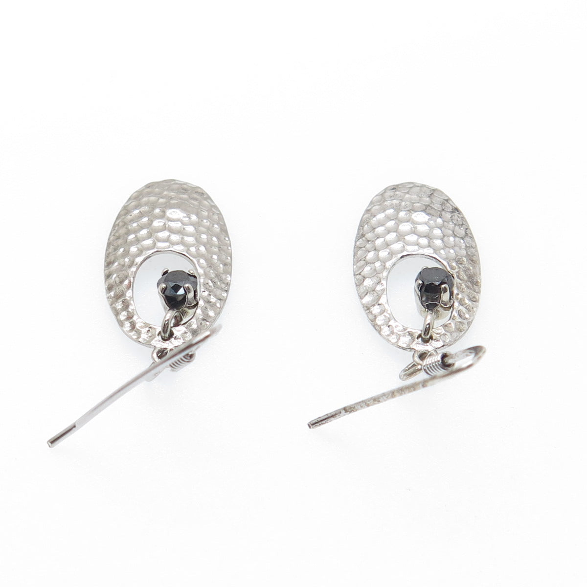 925 Sterling Silver Real Round-Cut Black Diamond Hammered Dangle Earrings