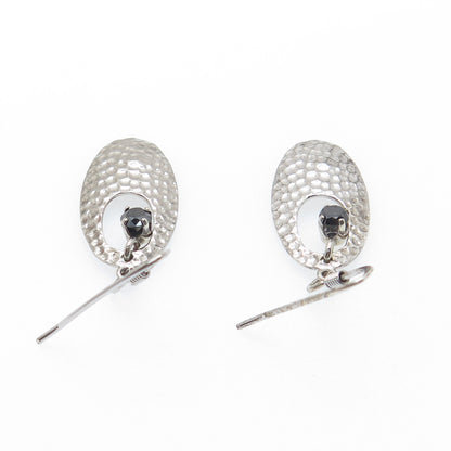 925 Sterling Silver Real Round-Cut Black Diamond Hammered Dangle Earrings