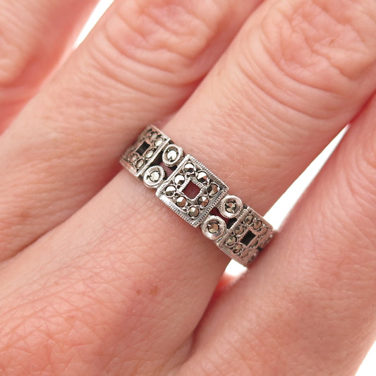925 Sterling Silver Vintage Real Marcasite Oxidized Band Ring Size 7.25