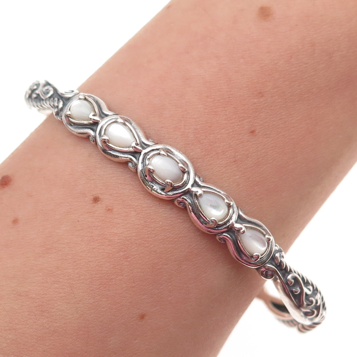 Carolyn Pollack 925 Sterling Silver Vintage Real MOP Adjustable Cuff Bracelet 7"