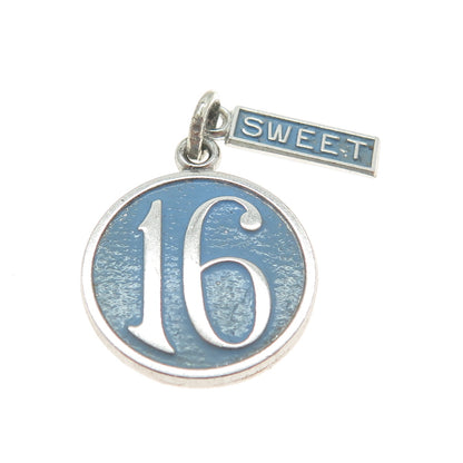 WELLS 925 Sterling Silver Vintage Blue Enamel "Sweet 16" Charm Pendant