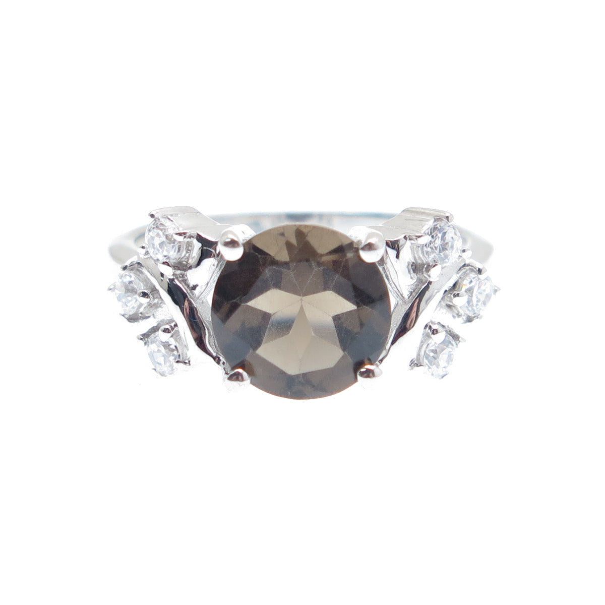 925 Sterling Silver Real Round-Cut Smoky Quartz & C Z Ring Size 7.25