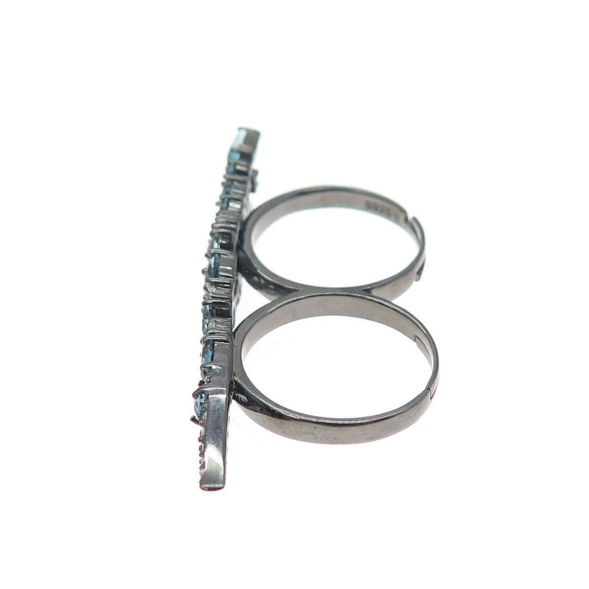 925 Sterling Black Rhodium Real Apatite & C Z Adjustable Two Finger Ring Size 6