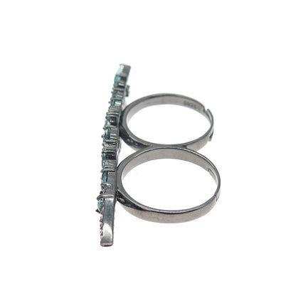 925 Sterling Black Rhodium Real Apatite & C Z Adjustable Two Finger Ring Size 6