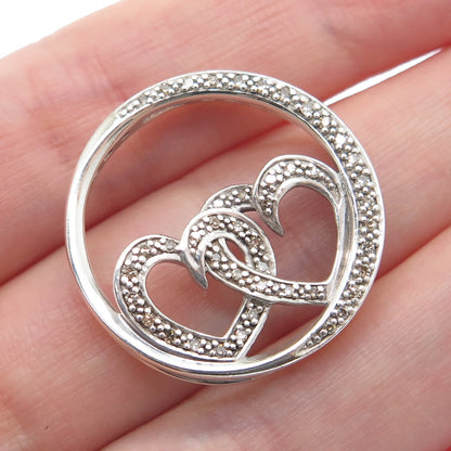 925 Sterling Silver Real Round-Cut Diamond Interlocked Heart Slide Pendant