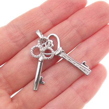 925 Sterling Silver Real Round-Cut Diamond Heart & Club Key Charm Pendant