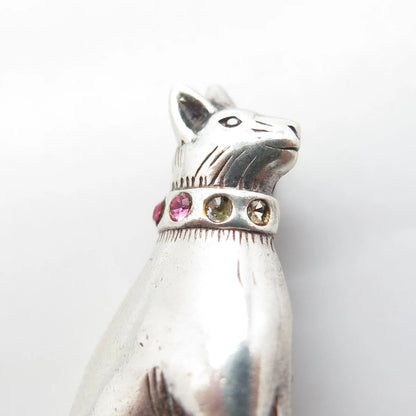 JEZLINE 925 Sterling Silver Vintage Pink Rhinestone Sitting Cat Pin Brooch