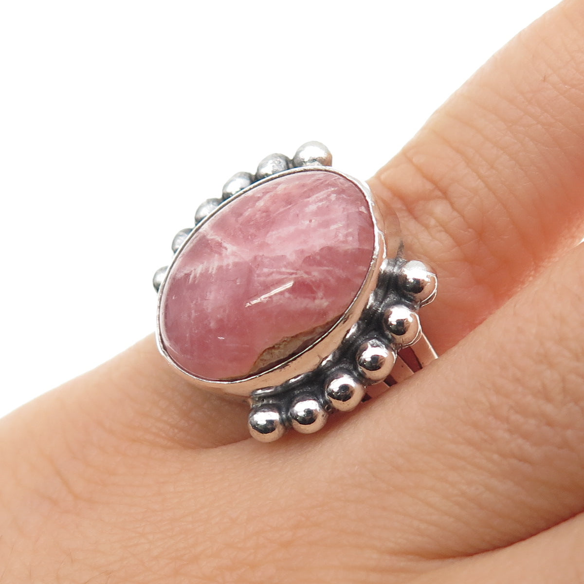 Old Pawn 925 Sterling Silver Vintage Rhodochrosite Beaded Oxidized Ring Size 5.5