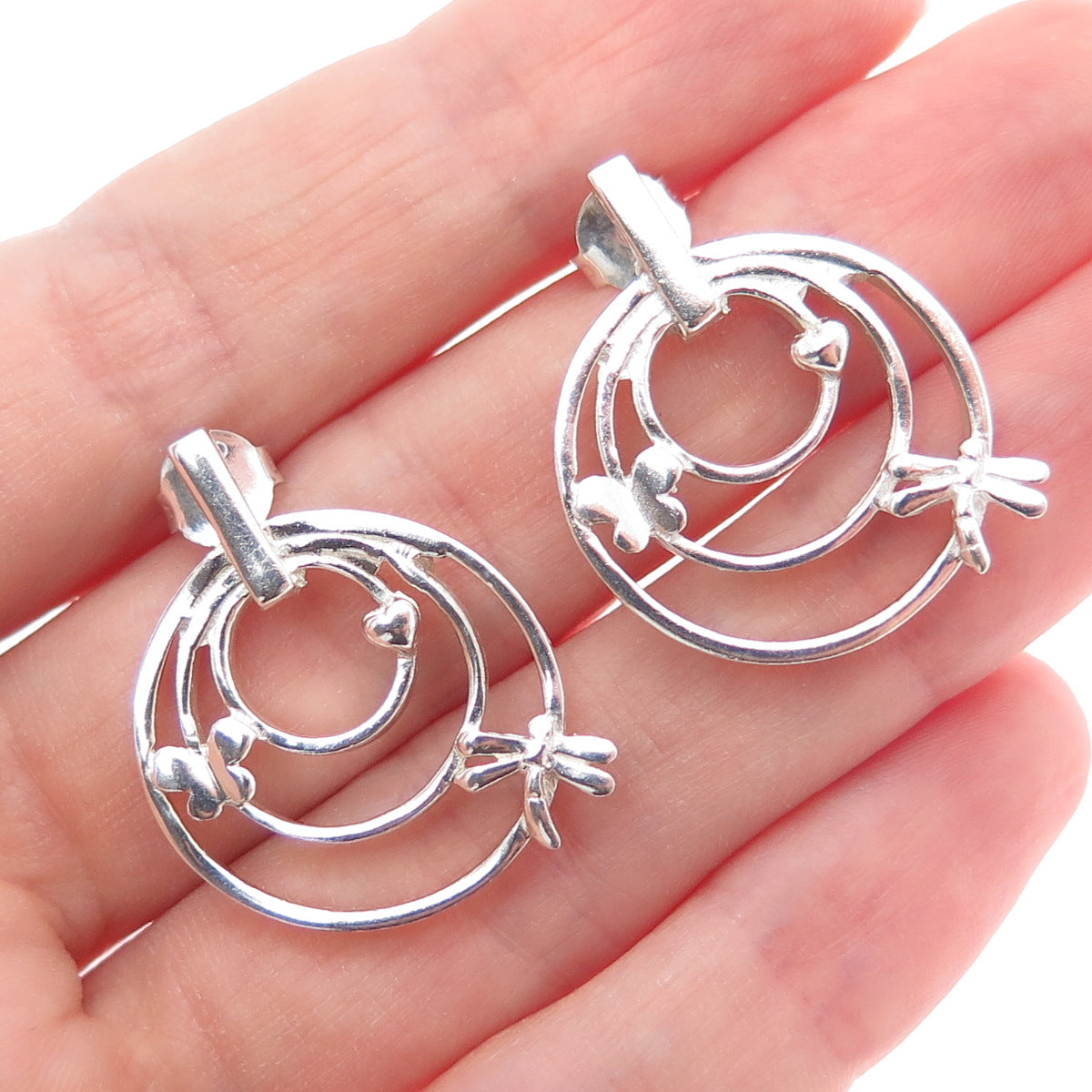 925 Sterling Silver Vintage Dragonfly Butterfly Heart Multi-Circle Earrings