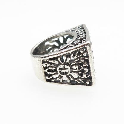 925 Sterling Silver Vintage Modernist Flower Oxidized Ring Size 6.5