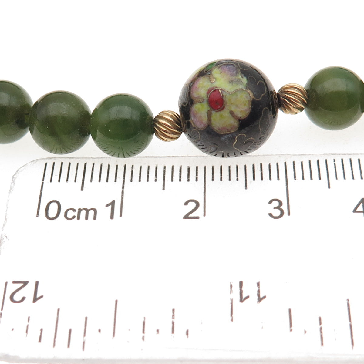 1/20 12K Gold Filled Vintage Cloisonne Enamel Real Jade Ball Beaded Necklace 24"