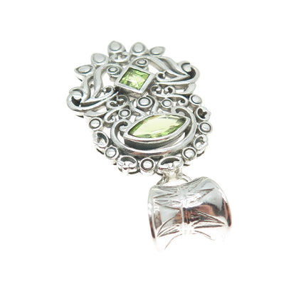 925 Sterling Silver Vintage Real Peridot Gemstone Ornate Pendant