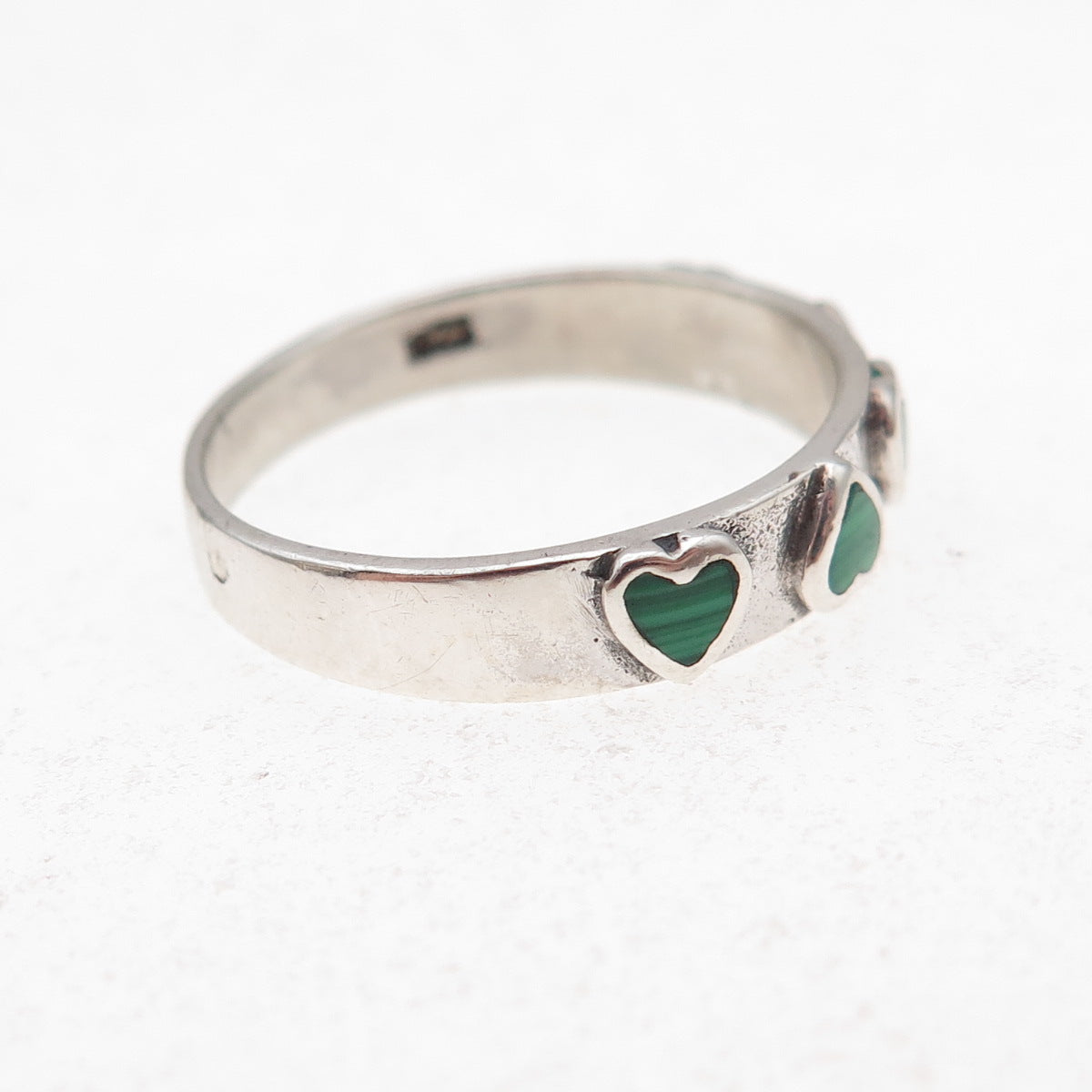 925 Sterling Silver Vintage Real Malachite Heart Oxidized Band Ring Size 8.75