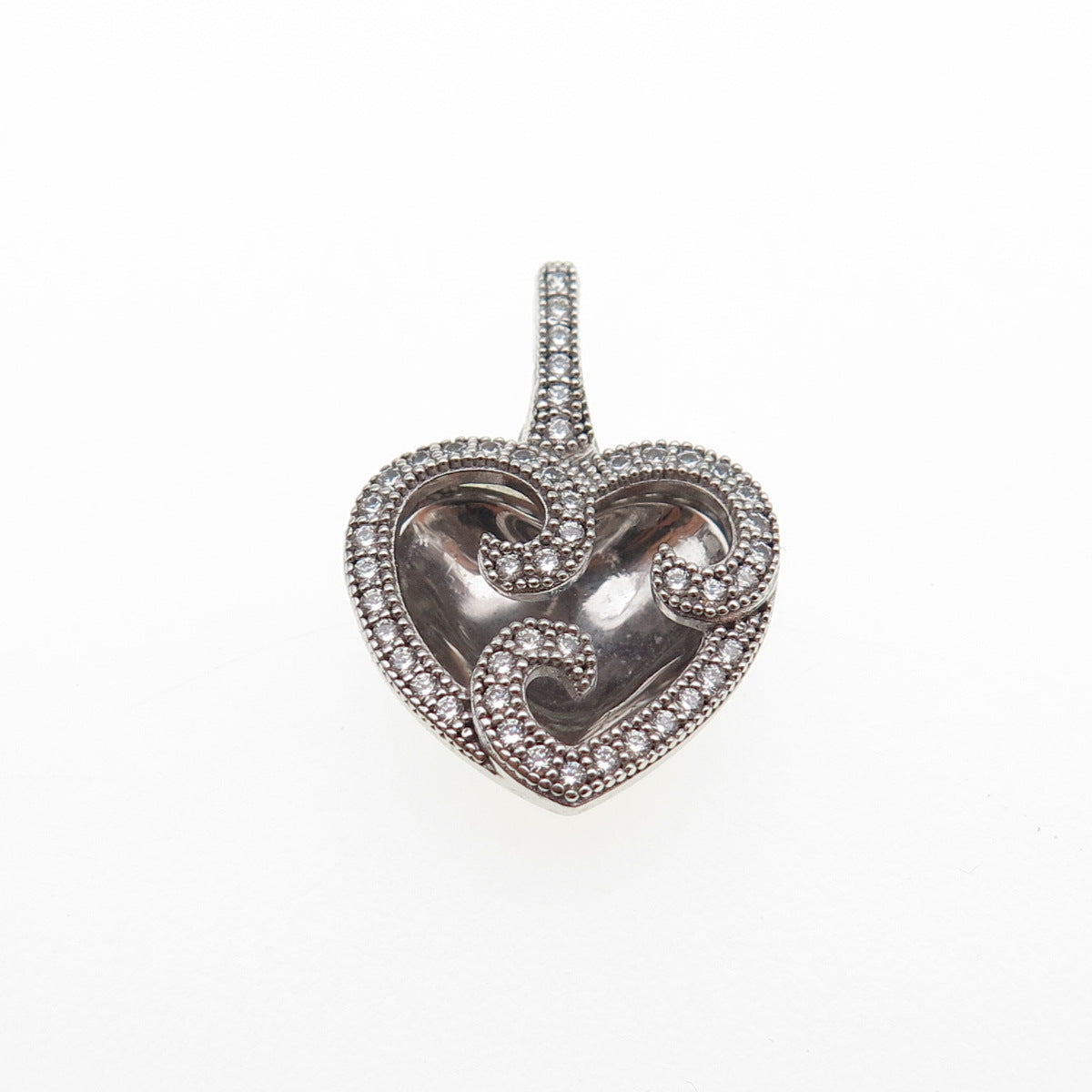 925 Sterling Silver Round-Cut C Z Swirl Heart Mini Charm Pendant