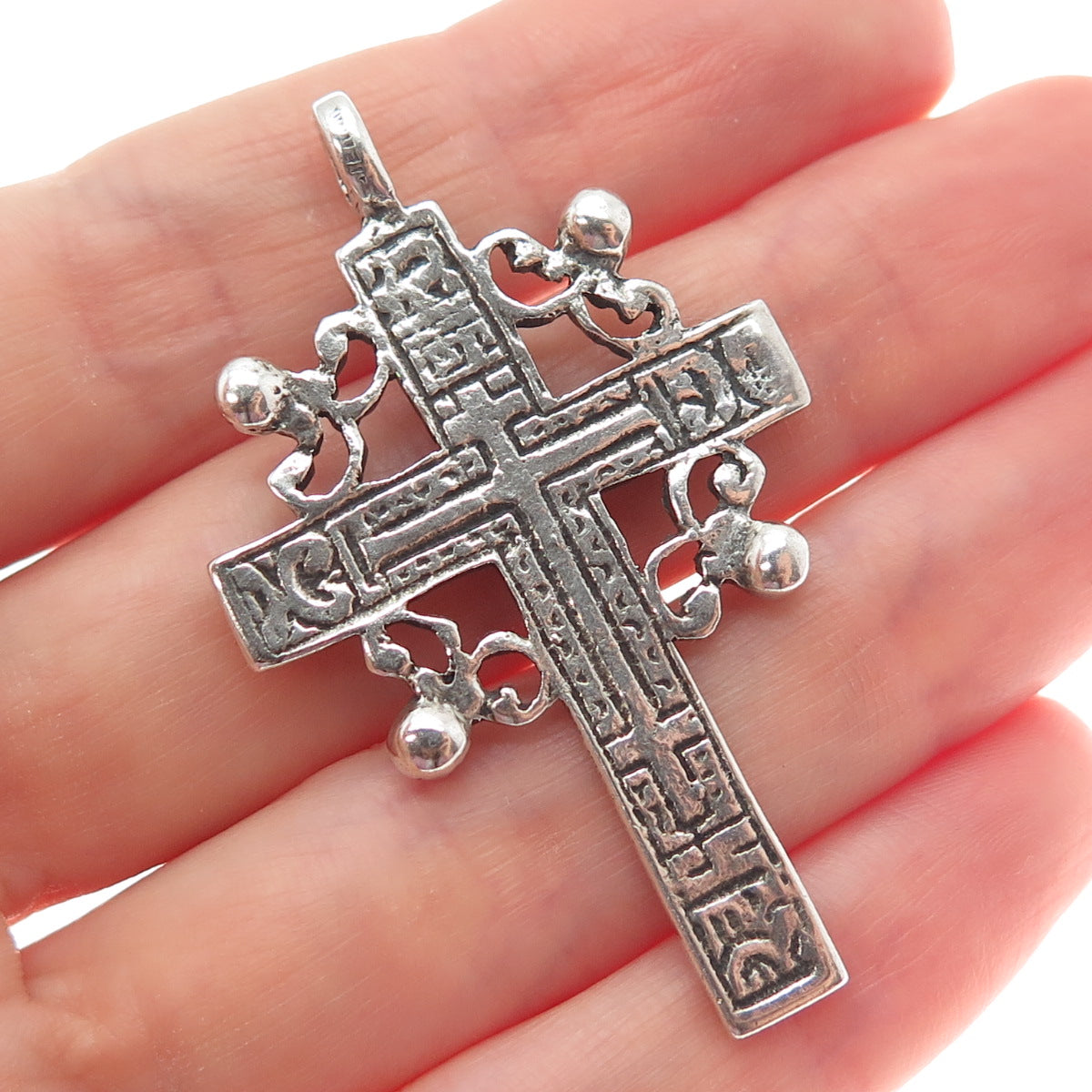 925 Sterling Silver Vintage Ornate Orthodox Cross Oxidized Pendant