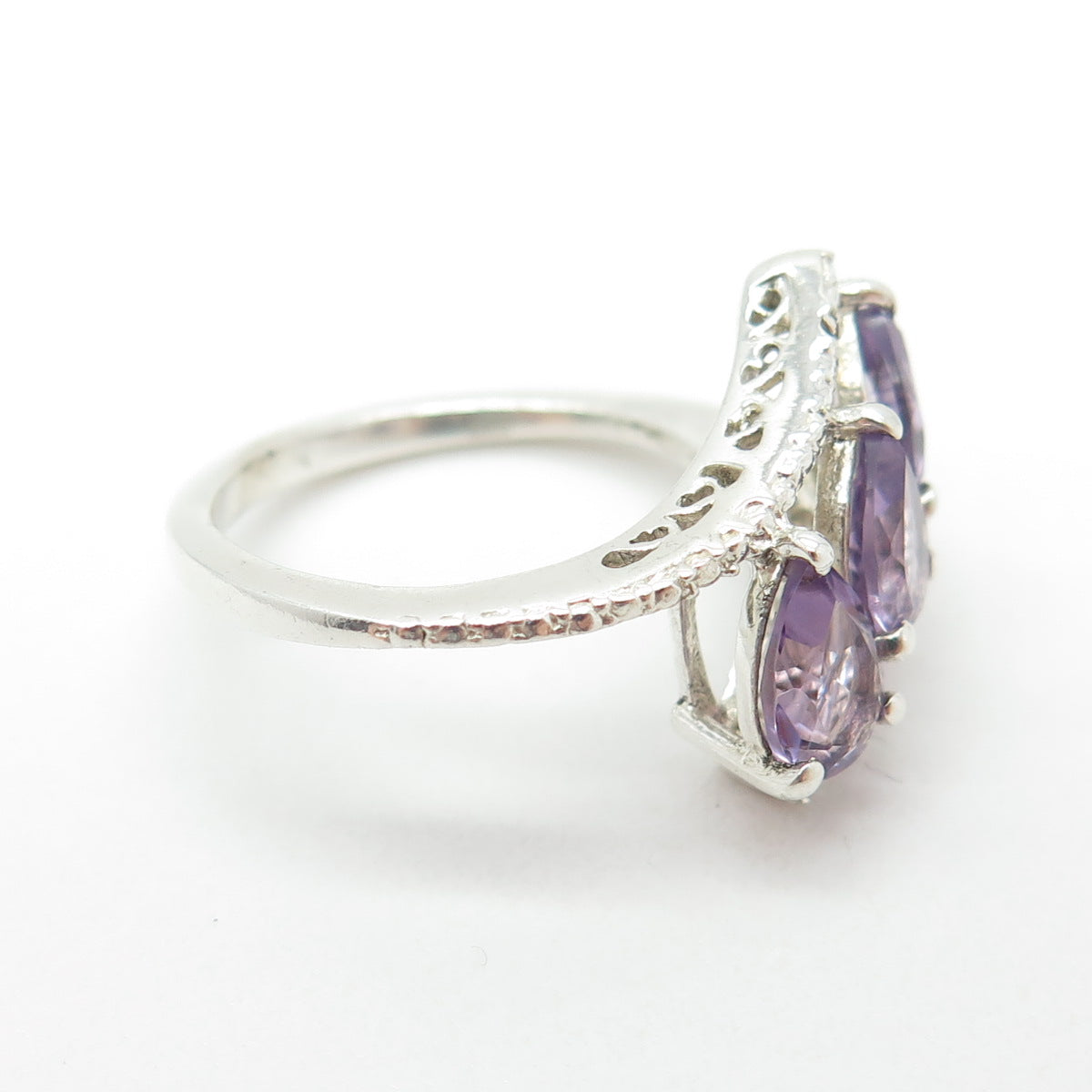 925 Sterling Silver Vintage Real Diamond Accent & Amethyst Bypass Ring Size 6