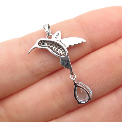 925 Sterling Silver Enamel Real Blue Topaz Black & White C Z Hummingbird Pendant