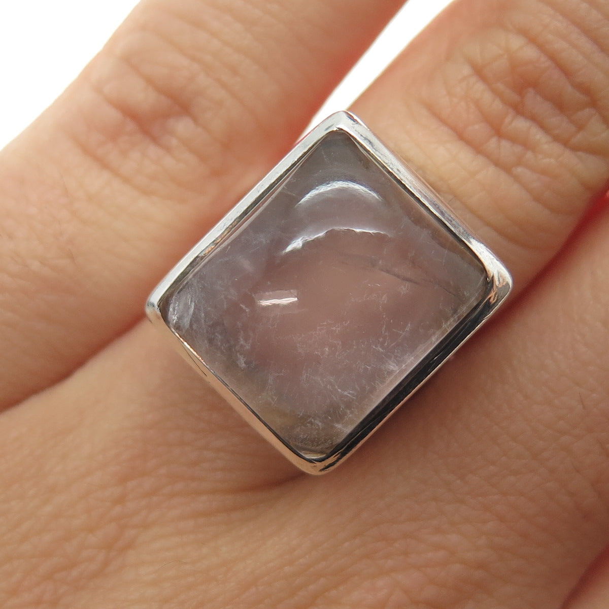 SAJEN 925 Sterling Silver Vintage Real Rose Quartz Modernist Ring Size 6