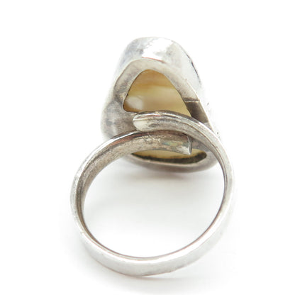 925 Sterling Silver Vintage Real Mother-of-Pearl Statement Ring Size 8.25