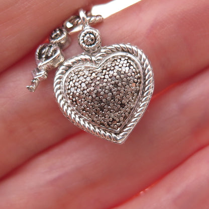 925 Sterling Silver Real Diamond Heart & Key Bracelet 7" (missing stone)