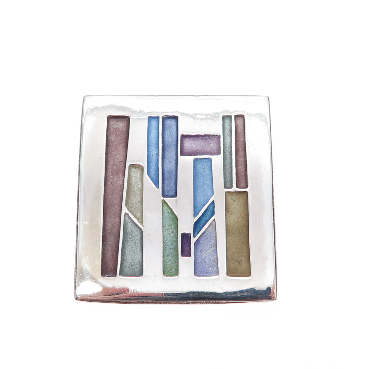 CARLY WRIGHT 925 Sterling Silver Vintage Enamel Modenrist Mosaic Pin Brooch
