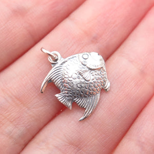 925 Sterling Silver Vintage Angel Fish Oxidized Minimalist Charm Pendant