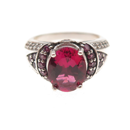 925 Sterling Silver Lab-Created Ruby Real White Topaz & Amethyst Ring Size 6