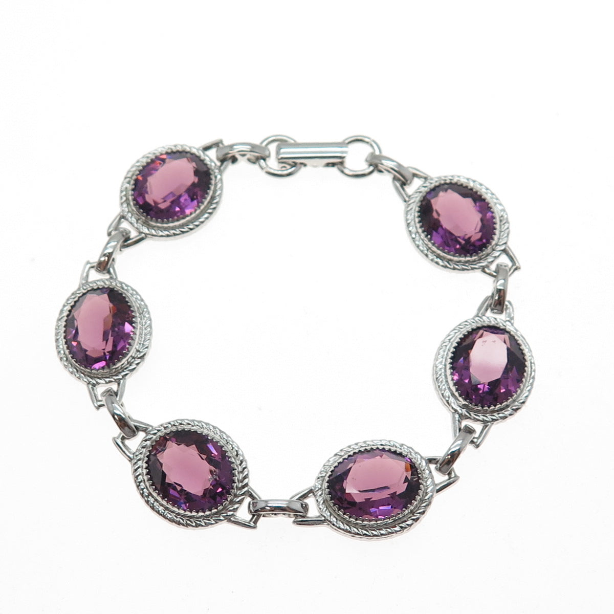 DANECRAFT 925 Sterling Silver Vintage Oval-Cut Purple Glass Bracelet 6.5"