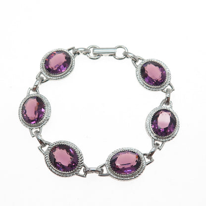 DANECRAFT 925 Sterling Silver Vintage Oval-Cut Purple Glass Bracelet 6.5"
