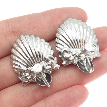 925 Sterling Silver Antique Art Deco Seashell Repousse Screw Back Earrings