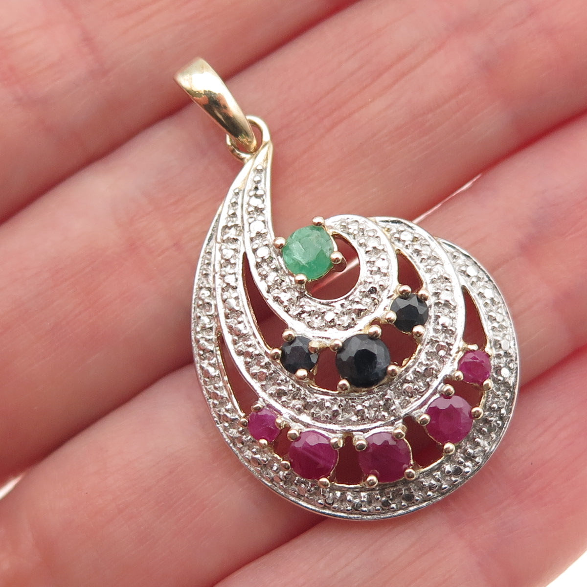 Ross Simons 925 Sterling Real Diamond Accent Ruby Sapphire Emerald Flame Pendant