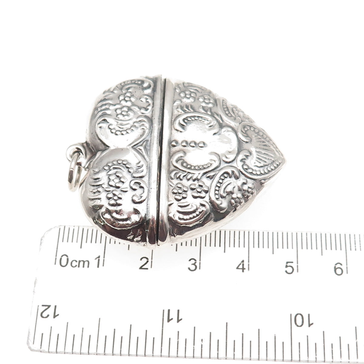 925 Sterling Silver Vintage Heart Repousse Chatelaine Box Oxidized Pendant