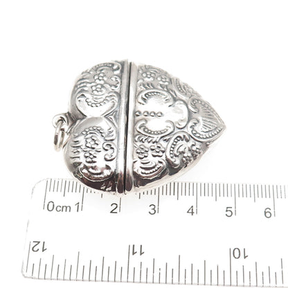 925 Sterling Silver Vintage Heart Repousse Chatelaine Box Oxidized Pendant