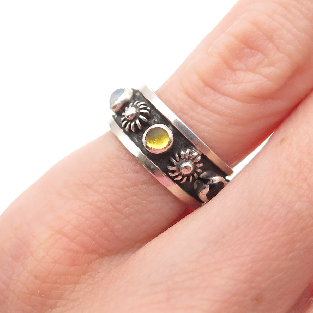 925 Sterling Silver Vintage Mexico Real Multi-Gem Cannetille Band Ring Size 4.5
