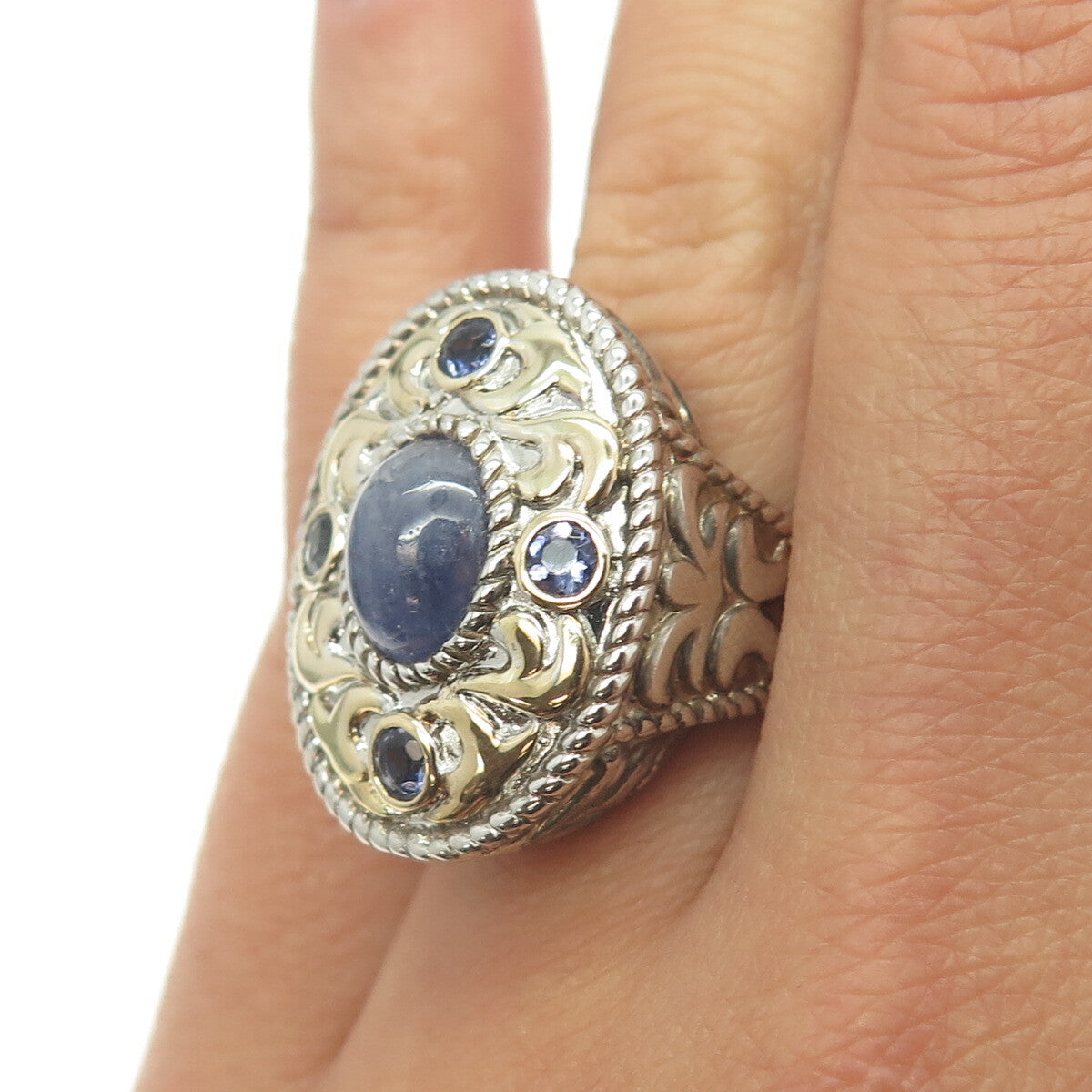 MICHELLE ALBALA 925 Sterling Silver 2-Tone Real Tanzanite Ring Size 6.25