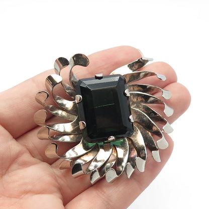 925 Sterling Silver Vintage Green Glass Modernist Pin Brooch