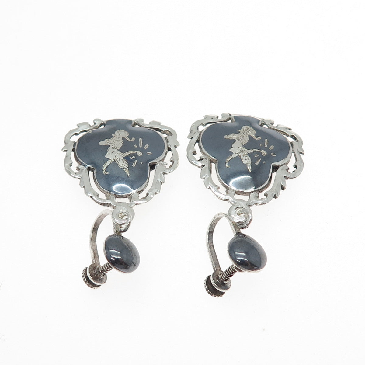 925 Sterling Silver Antique Siam Niello Hindu Goddess Screw Back Dangle Earrings