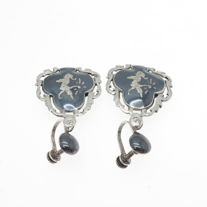 925 Sterling Silver Antique Siam Niello Hindu Goddess Screw Back Dangle Earrings