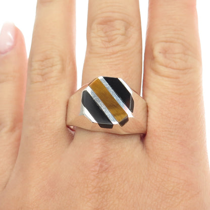 925 Sterling Silver Vintage Real Tiger Eye & Black Onyx Signet Ring Size 12.5