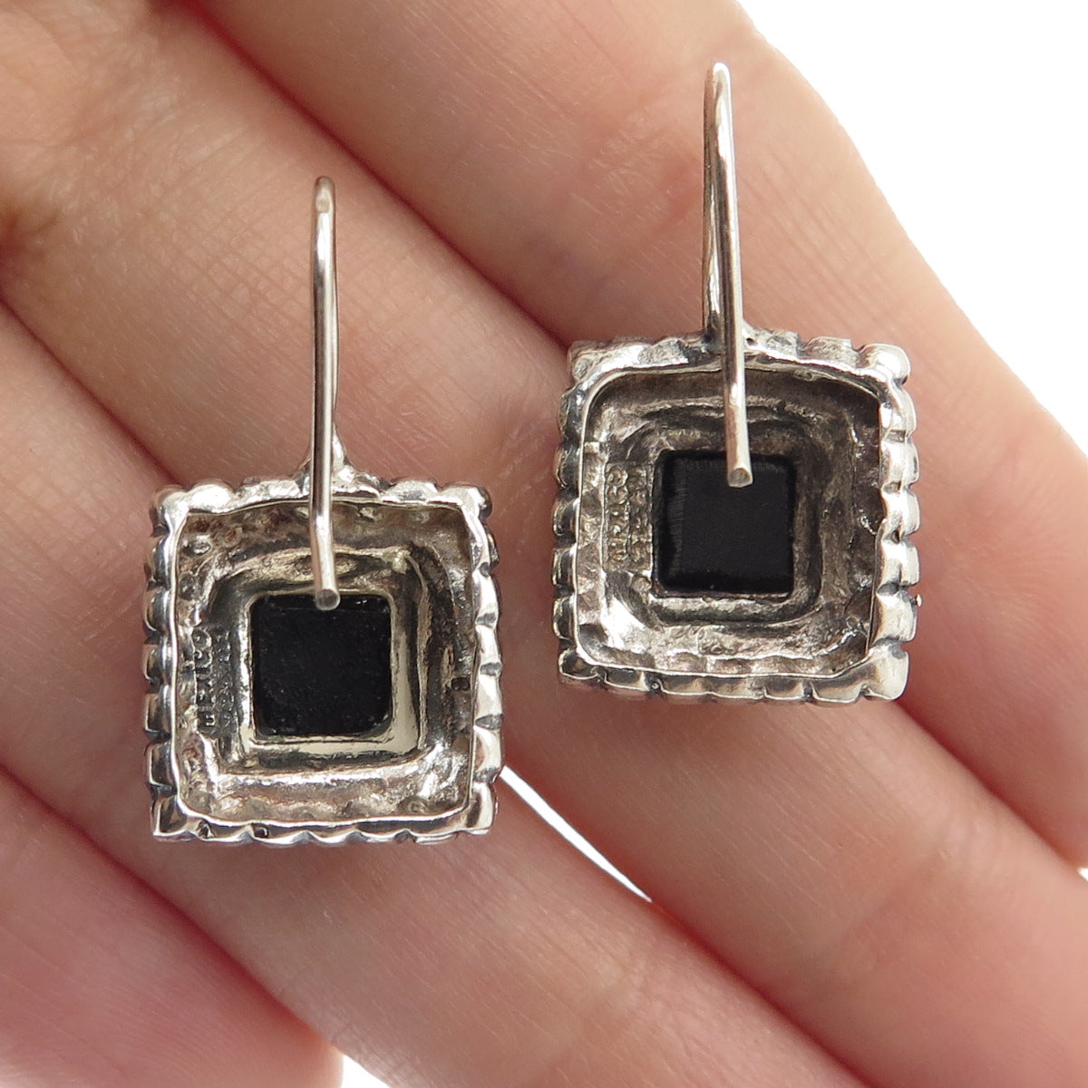 ATI 925 Sterling Silver Vintage Mexico Real Black Onyx Gemstone Earrings