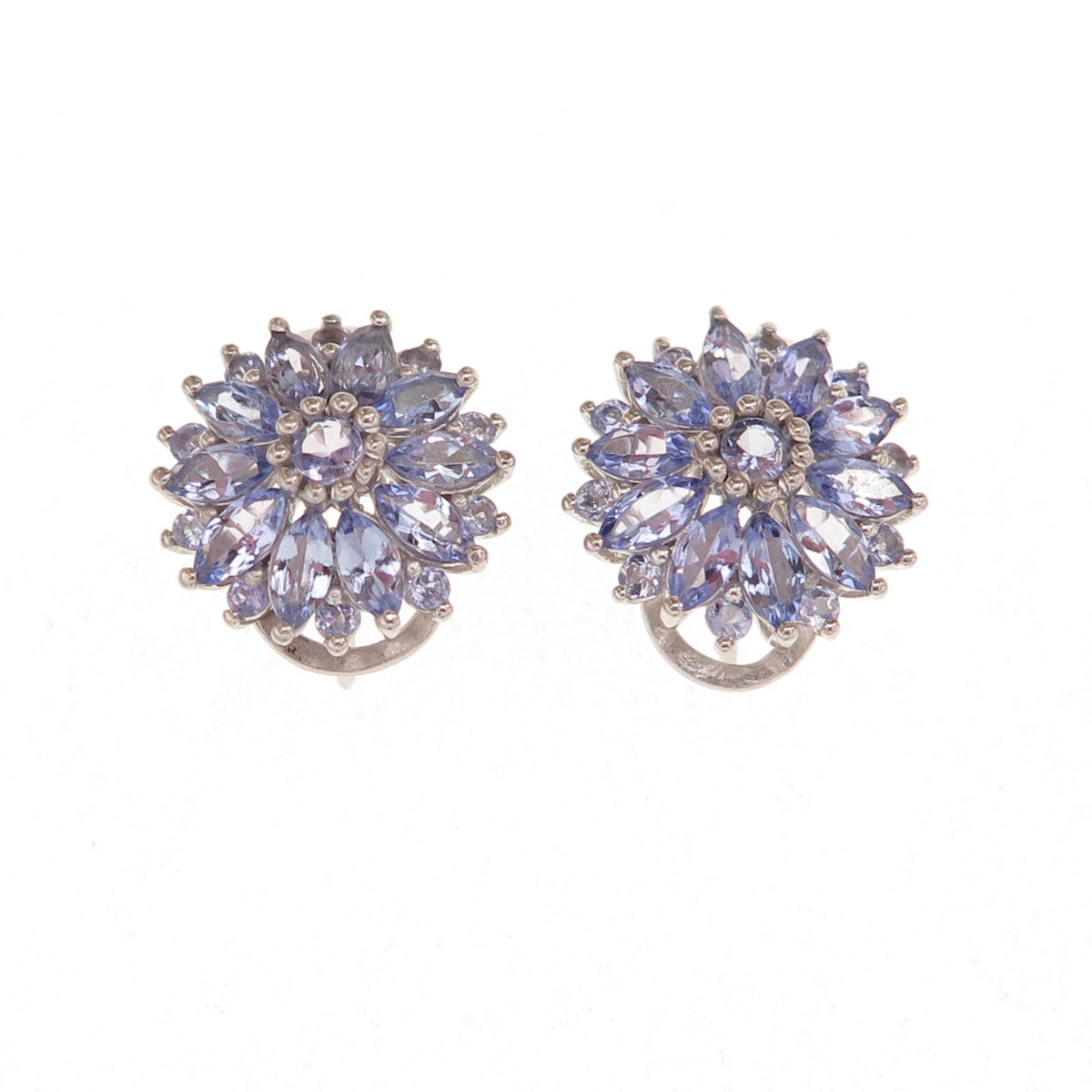 Chuck Clemency 925 Sterling Silver Real Tanzanite Floral Omega Back Earrings