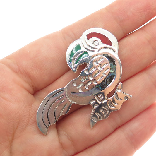 925 Sterling Vintage Mexico Real Green Onyx Abalone Shell & Coral Parrot Brooch