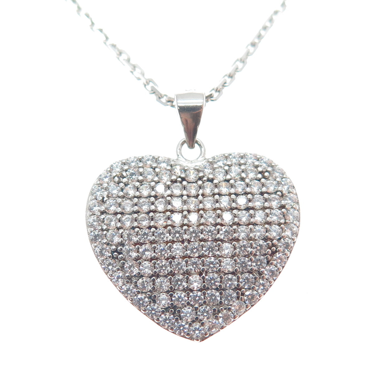 925 Sterling Silver Round-Cut C Z Heart Cable Chain Necklace 18"